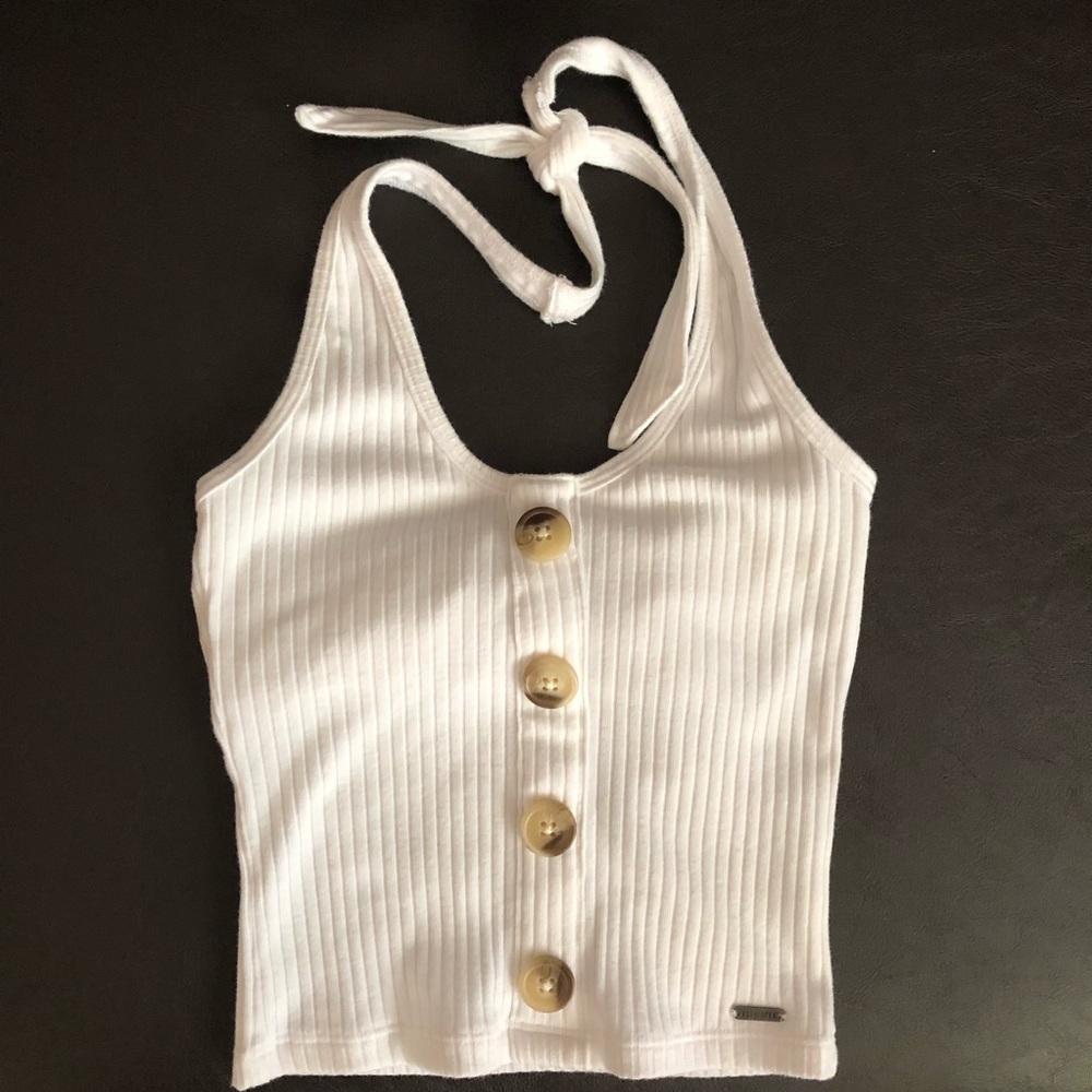 Hollister Ribbed White Button Halter Crop Top